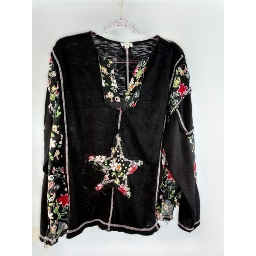 POL Womens Large Black Floral Star Patch Raw Hem Boho‎ Distressed Oversized Top - Picture 8 of 16